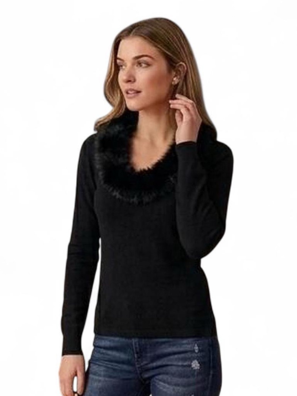 Black‎ sweater fur trim collar